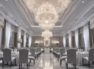 An interior space appears to be under renovation, featuring a large, decorative marble wall with an intricate pattern. Scaffolding, tools, and materials are scattered throughout the room, including a cart, power tools, and a table. The room is lit by natural light coming through large windows, adding to the sense of openness.