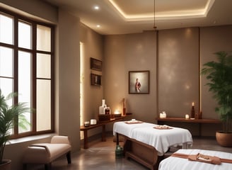 A minimalist spa room featuring a comfortable massage table with white sheets. The bamboo stalks attached vertically to the wall create an aesthetic, natural ambiance. Soft lighting enhances the calm and relaxing atmosphere, and a small stand with essential items is placed next to the table.