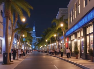 A vibrant beach scene featuring palm trees lining a boardwalk bustling with people walking, biking, and driving. On the right, a sandy beach is filled with colorful beach umbrellas, people sunbathing, and waves crashing in the ocean. Buildings and storefronts are visible on the left, and the atmosphere is lively and busy.