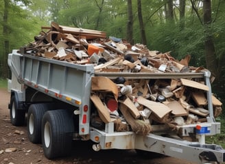 Inside a spacious industrial warehouse, a dumpster filled with discarded metal objects like chairs and other scrap is visible in the foreground. A large industrial loader is parked further inside near a pile of miscellaneous debris, including cardboard and plastic. The area is well-lit with overhead windows in the high ceiling and a poster of a landscape is mounted on the wall.