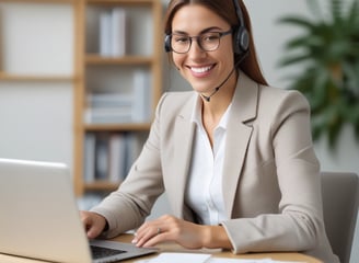 a woman in a suit and headphones is sitting at a desk