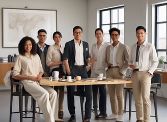 a group of people standing around a table