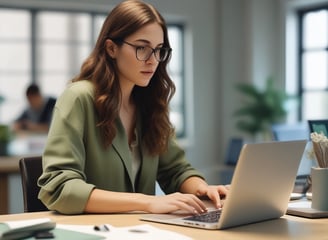 a woman in glasses and a green jacket is sitting at a desk