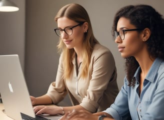 two women sitting at a table with a laptop