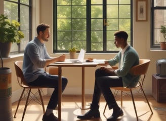 two men sitting at a table with laptops