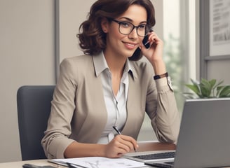 a woman in glasses and a suit jacket talking on a cell phone