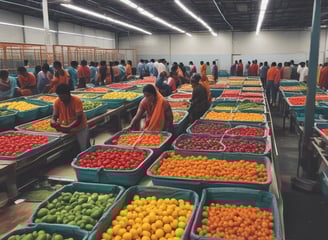 A spacious industrial facility with metal machinery and equipment, featuring a production line with a focus on textile processing. Brightly colored fabrics are moving through the machines, and there are large rolls of fabric and textile materials nearby. The environment is clean and organized, with a high ceiling and visible ductwork.