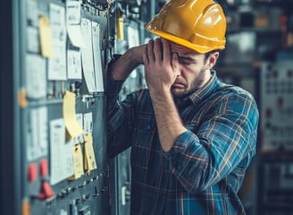 a technician looking frustrated next to a messy maintenance office with sticky notes