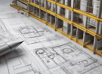 A perspective view of an architectural structure showcasing a series of curved steel beams forming an arc. The beams are complemented by slatted panels and lights attached along the interior. The image features a modern, industrial design with a focus on geometric lines and patterns.