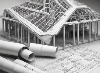 Curved wooden beams and metal architectural elements create a complex and modern structural design. The lines of the materials form an intricate pattern, suggesting a contemporary building or structure with an emphasis on engineering and aesthetics.