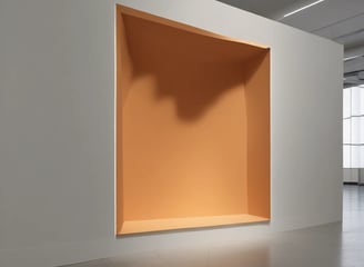 An art gallery with white walls displays three large, colorful paintings. A person wearing a white dress and neon green shoes stands in the middle of the room. The gallery has an industrial style ceiling with exposed wooden beams and spotlights.