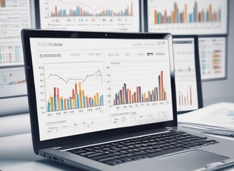 A modern office environment with a laptop on a white desk in the foreground. A red computer mouse is also visible. In the background, there is an office printer and a wall with motivational text. The office space is well-lit with natural and artificial light, and there are glass partitions.
