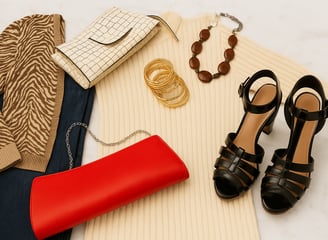 Flat lay of chic women's outfit featuring a zebra print sweater, cream top, gold bangles, chunk