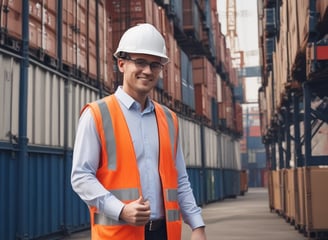 Several large shipping containers are being transported by trucks in a port area. The containers are primarily red and are being moved by vehicles that include a white Isuzu truck. The scene takes place in a spacious, open area with a clear sky.