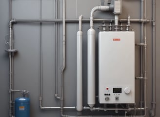 Complex metallic piping system with various hoses and clamps, connected to mechanical components, suggesting an engine or machinery. The arrangement includes multiple curved pipes and wires.