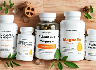 Cinco botellas blancas de suplementos y vitaminas como Colageno con Magnesio, Vitamina E