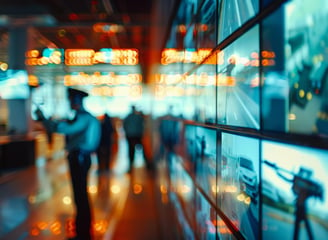 Blurred image of a security officer standing in front of a wall of brightly lit security monitors.