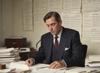 A man wearing a suit sits at a desk, concentrating on the documents in front of him. The desk has a microphone, a telephone, and some papers. The background includes a wall with several sheets of paper posted on it and a door.