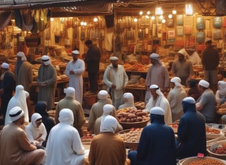 A small market or street vendor with several women interacting around a table displaying various goods, including packaged food items and bottled products. The vendor is situated in a busy area, with posters and shelves filled with merchandise in the background. The atmosphere is casual, with women wearing a variety of colorful clothing styles.