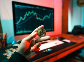 A person holds a bitcoin in front of a computer screen displaying cryptocurrency data and charts.