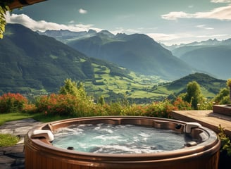 outdoor hot tub of a barn-style mountain vacation rental in Canada 