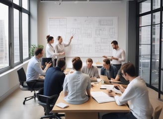 A modern office setting featuring a glass-walled conference room on the left with several individuals working at a long table, equipped with laptops and monitors. The room has a yellow theme with ergonomic chairs. Adjacent is a reception area with a dark, modern desk, where a person is working. The backdrop features a green, plant-covered wall, enhancing the aesthetics of the space.