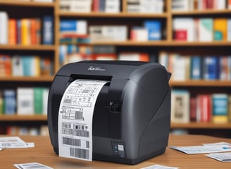 A modern point-of-sale system is positioned on a counter in a contemporary café or work environment, with a few markers on the left. The background features people engaging and moving around, giving a sense of activity and interaction.