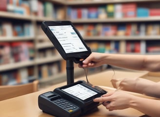 A modern, well-lit retail space with sleek white display counters and shelves. The ceiling features contemporary lighting fixtures, and the space incorporates wood and stone accents. Products are neatly arranged on the shelves, and promotional signs are visible.