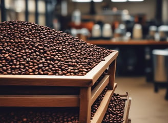 Clusters of coffee cherries in various stages of ripeness are attached to a branch. The cherries range from green to yellow and bright red, indicating their maturation process. Large, glossy green leaves surround the branch, suggesting a lush and healthy environment.