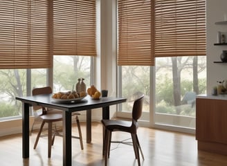 A close-up view of wooden window blinds with light filtering through the slats, casting shadows and highlights.