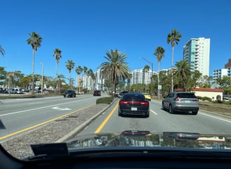 a car driving down a street with palm trees in the background