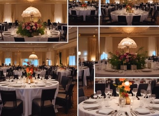 An elegantly decorated event hall with neatly arranged round tables covered in pastel-colored tablecloths and white chairs. A red carpet leads down the center aisle. The space is well-lit with chandeliers and spotlights, and floral centerpieces adorn each table.