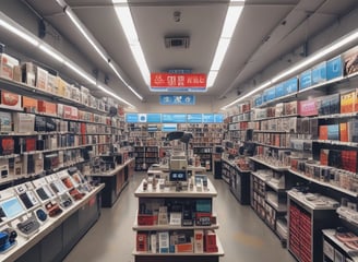 A bustling market alley filled with various stalls selling mobile accessories. Colorful garlands hang from the roof, and signboards for brands like Samsung, Oppo, and iPhone are visible. Shoppers and vendors are engaged in transactions.