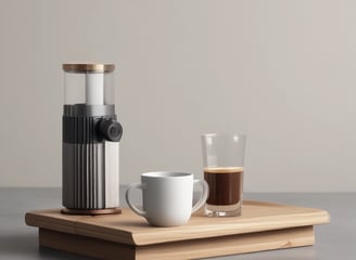 A green disposable coffee cup with white star patterns and a logo on a wooden table in a café setting. The background is softly blurred, suggesting a cozy atmosphere with additional tables and chairs.