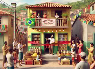 uma mercearia amarela com telhado de telha amarronzado sendo inaugurada