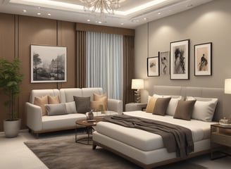 A modern interior with minimalist design featuring a sleek black couch next to a large window. A glass coffee table with a small plant sits on a light-colored rug over a tiled floor. The space is illuminated by ceiling lights and is partially enclosed by a wall with a reddish-brown panel design.