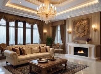 A sophisticated interior scene with a modern living room. The room features a sleek, marble fireplace, a large mirror above it, and a luxurious sofa adorned with plush velvet cushions. A coffee table is positioned centrally with a bouquet of flowers, a book titled Tom Ford 002, and two bottles on a tray. On the left side, there is a stylish jacket on a stand, with an open wardrobe showcasing neatly arranged clothing and bags.