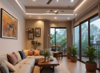 Modern interior design featuring a vertical wooden slat wall accent, a framed black-and-white photograph of hands releasing sand, and minimalistic decor including a candle holder and vases with dried plants. Light and airy with a contemporary aesthetic.