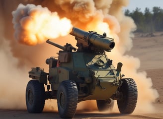 A military missile is mounted on a launcher, aimed towards the sky. Surrounding the missile is military equipment, including trucks and containers. The scene is set outdoors under a bright blue sky with scattered fluffy clouds.