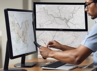 A person is seated at a desk using a computer monitor and holding a smartphone. The monitor displays a , and the desis equipped with a keyboard, a digital clock displaying the time 6:34, and a desk lamp.