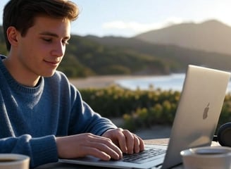 Young digital nomad working remotely in a scenic travel spot.