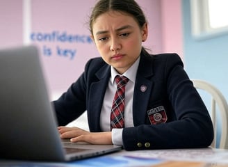 a girl in a school uniform is sitting at a desk