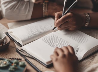 Open Bible and prayer journal on table, symbolizing daily spiritual discipline and devotion.
