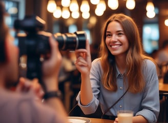 A woman stands beside a whiteboard that serves as a weekly planner, organized with days of the week horizontally and different social media platforms vertically. The board is marked with different colored sticky notes labeled with tasks like 'Culture', 'Funny', 'Fun Fact', 'Diversity', and 'Product'. She uses a pen to make a check mark while looking at the board. The layout is colorful and orderly, indicating a planned schedule for social media marketing.