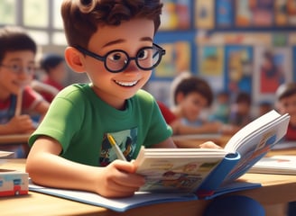 Two children are closely engaged with a book, lying on their sides. One child is pointing at a colorful illustration while the other writes or draws with a pen. The book appears to be open on a table, featuring large, vibrant illustrations, likely from a story or educational material.