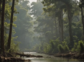 A scenic view of a river cutting through a lush green forest under a partly cloudy sky. On the right, a hydroelectric facility is visible with solar panels on its roof. The river flows smoothly between dense vegetation, with some light reflecting off the water's surface.