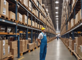 A person wearing a mask and cap is handling large bags of goods, stacking them on a conveyor belt under a metal roof. The sky is partly cloudy, and there are shipping containers in the background.