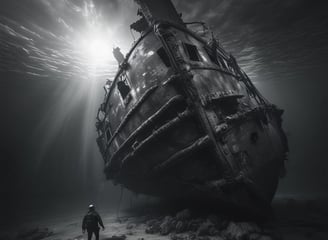 A person is diving next to a wreck. The lighting is dramatic, with a mix of bright and dark areas, c