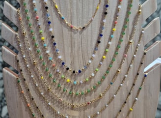 a display of a necklace with a variety of beads and beads