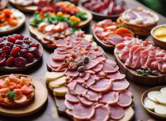 A table is set with a variety of charcuterie and cheese. There are neatly arranged slices of prosciutto, ham, and other cured meats, next to a bottle of wine. Adjacent is a plate of sliced cheese, ranging from mild to aged. The setup is completed with an electric grill in the background, suggesting preparation for a meal.
